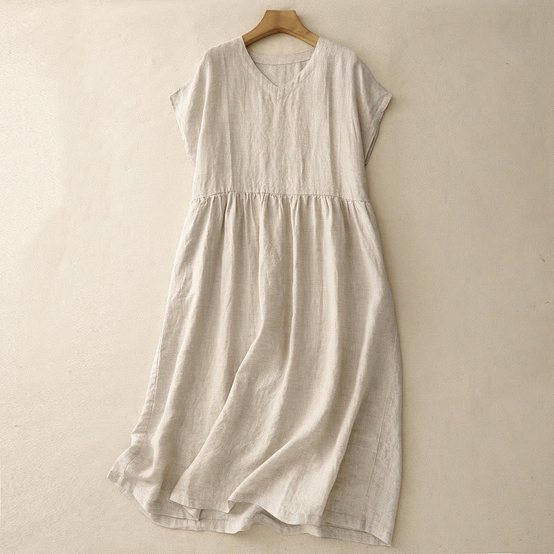 Buddha Stones Casual Artistic Solid Color Simple Design High Waist Short Sleeve Cotton Linen Midi Dress With Pockets - Linen - US8-10，UK/AU12-14，EU40-42 (2XL) - image 0