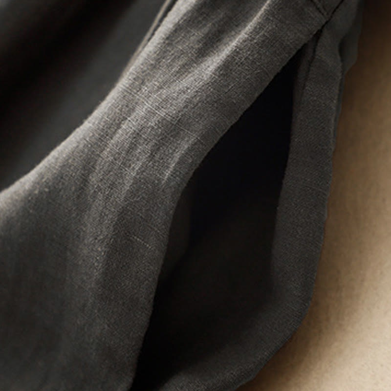 Buddha Stones Casual Artistic Solid Color Simple Design High Waist Short Sleeve Cotton Linen Midi Dress With Pockets - image 11