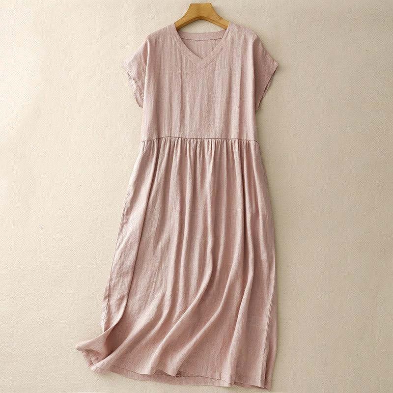 Buddha Stones Casual Artistic Solid Color Simple Design High Waist Short Sleeve Midi Dress With Pockets - Pink - US8-10，UK/AU12-14，EU40-42 (2XL) - image 14