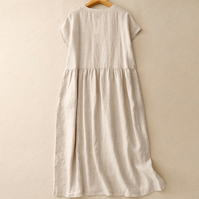 Buddha Stones Casual Artistic Solid Color Simple Design High Waist Short Sleeve Cotton Linen Midi Dress With Pockets - image 1