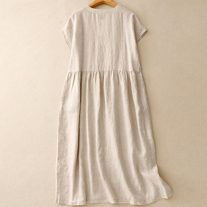Buddha Stones Casual Artistic Solid Color Simple Design High Waist Short Sleeve Cotton Linen Midi Dress With Pockets - image 1