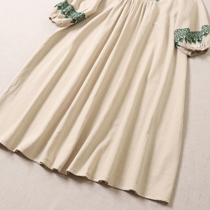 Buddha Stones Casual Artistic Geometric Embroidery Button Front Long Lantern Sleeve Cotton Linen Midi Dress - image 13