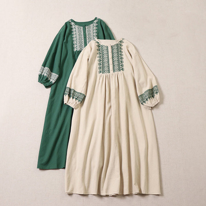 Buddha Stones Casual Artistic Geometric Embroidery Button Front Long Lantern Sleeve Midi Dress - image 19