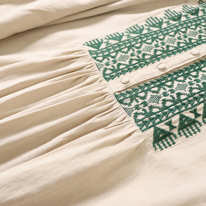 Buddha Stones Casual Artistic Geometric Embroidery Button Front Long Lantern Sleeve Cotton Linen Midi Dress - image 16