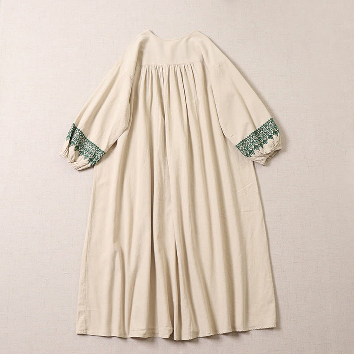 Buddha Stones Casual Artistic Geometric Embroidery Button Front Long Lantern Sleeve Midi Dress - image 8