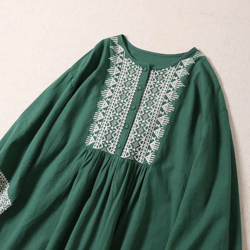 Buddha Stones Casual Artistic Geometric Embroidery Button Front Long Lantern Sleeve Midi Dress - image 1