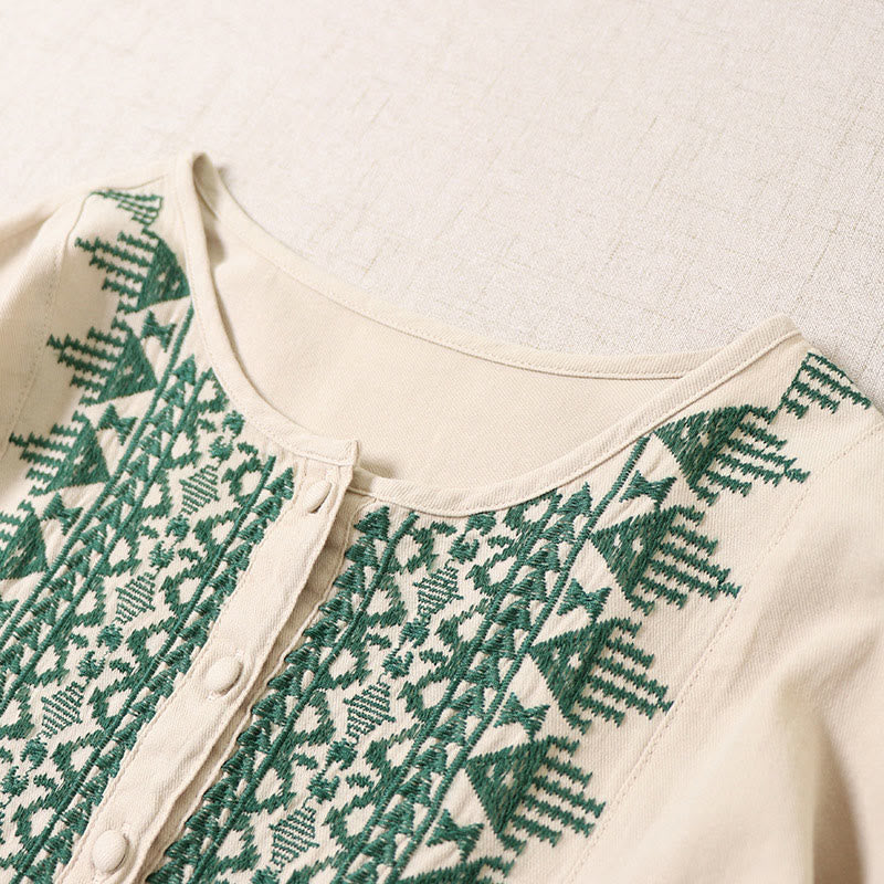 Buddha Stones Casual Artistic Geometric Embroidery Button Front Long Lantern Sleeve Midi Dress - image 14
