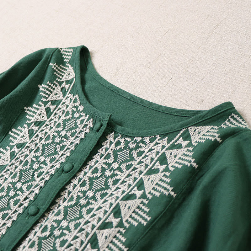 Buddha Stones Casual Artistic Geometric Embroidery Button Front Long Lantern Sleeve Midi Dress - image 3