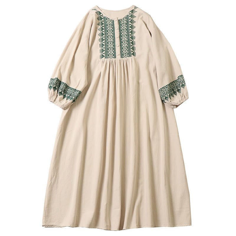 Buddha Stones Casual Artistic Geometric Embroidery Button Front Long Lantern Sleeve Midi Dress - image 20