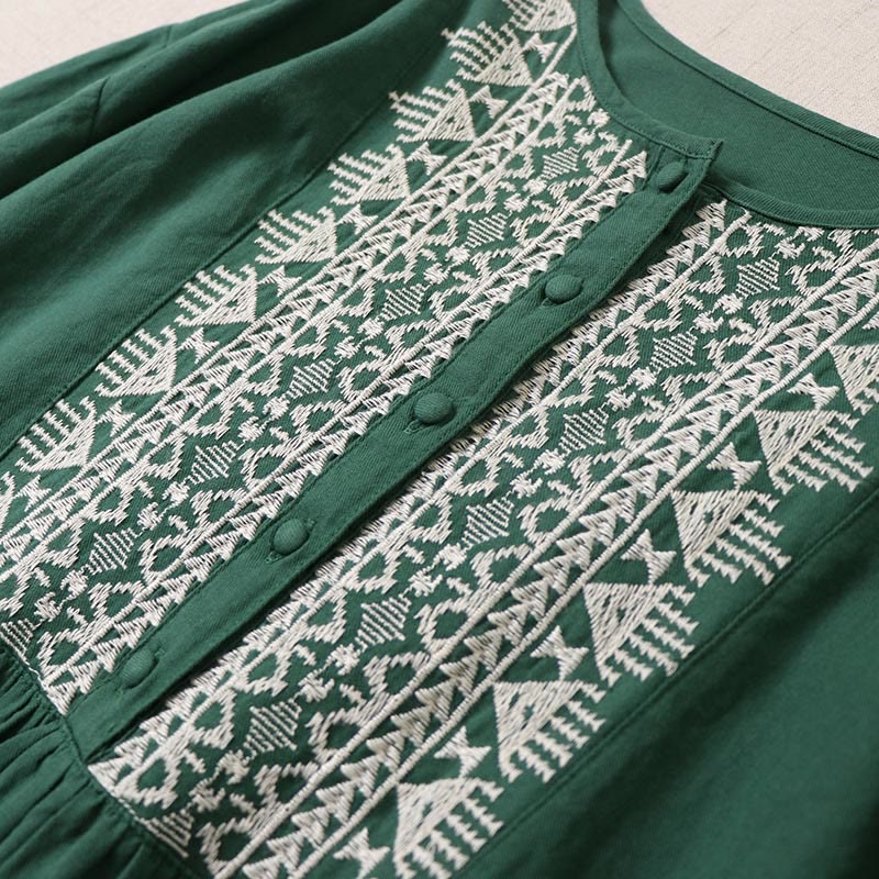 Buddha Stones Casual Artistic Geometric Embroidery Button Front Long Lantern Sleeve Midi Dress - image 2