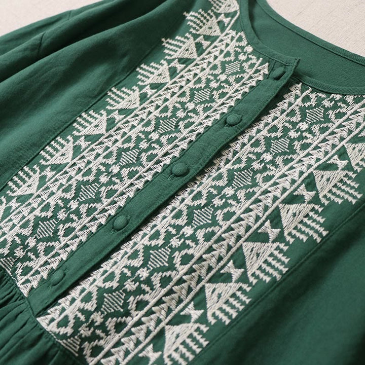 Buddha Stones Casual Artistic Geometric Embroidery Button Front Long Lantern Sleeve Midi Dress - image 2
