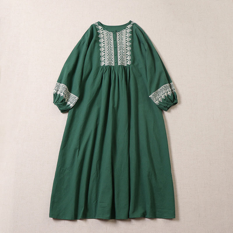 Buddha Stones Casual Artistic Geometric Embroidery Button Front Long Lantern Sleeve Midi Dress - SeaGreen - US8-10，UK/AU12-14，EU40-42 (2XL) - image 0