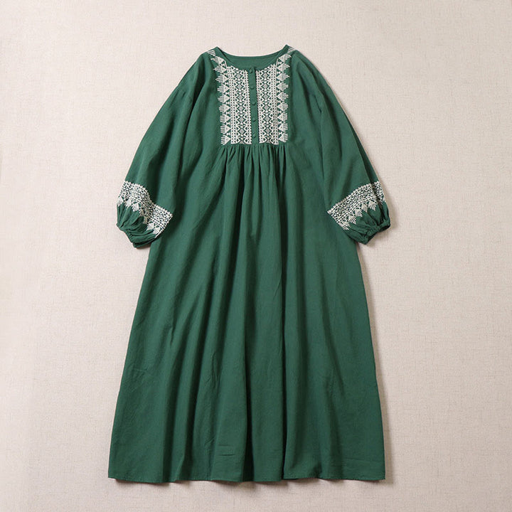 Buddha Stones Casual Artistic Geometric Embroidery Button Front Long Lantern Sleeve Midi Dress - SeaGreen - US8-10，UK/AU12-14，EU40-42 (2XL) - image 0