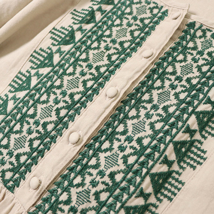 Buddha Stones Casual Artistic Geometric Embroidery Button Front Long Lantern Sleeve Midi Dress - image 15