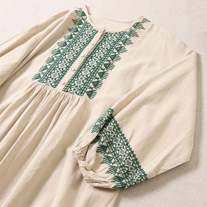 Buddha Stones Casual Artistic Geometric Embroidery Button Front Long Lantern Sleeve Midi Dress - image 10