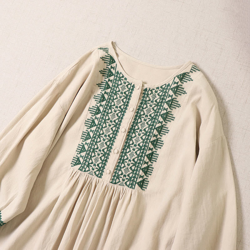 Buddha Stones Casual Artistic Geometric Embroidery Button Front Long Lantern Sleeve Midi Dress - image 9
