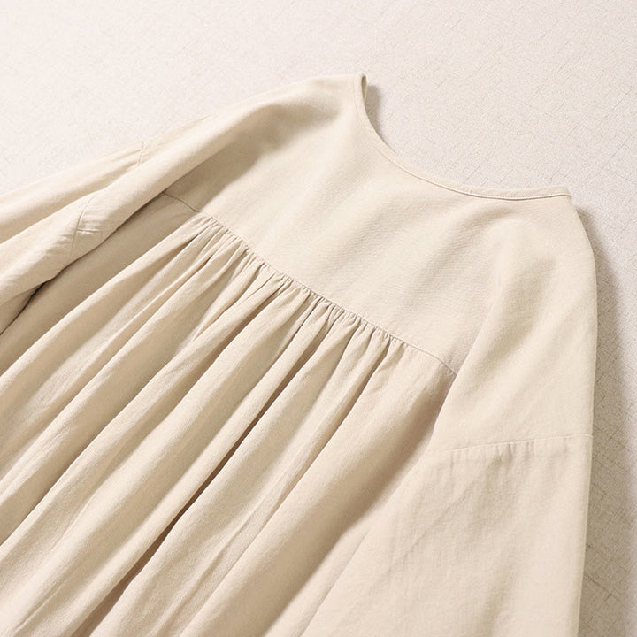 Buddha Stones Casual Artistic Geometric Embroidery Button Front Long Lantern Sleeve Cotton Linen Midi Dress - image 12