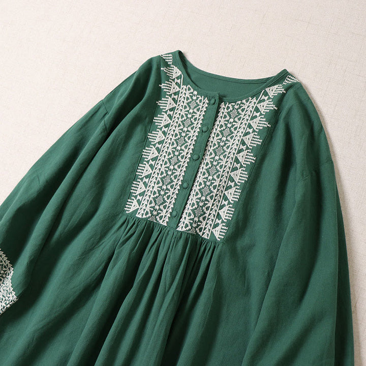 Buddha Stones Casual Artistic Geometric Embroidery Button Front Long Lantern Sleeve Cotton Linen Midi Dress - image 1