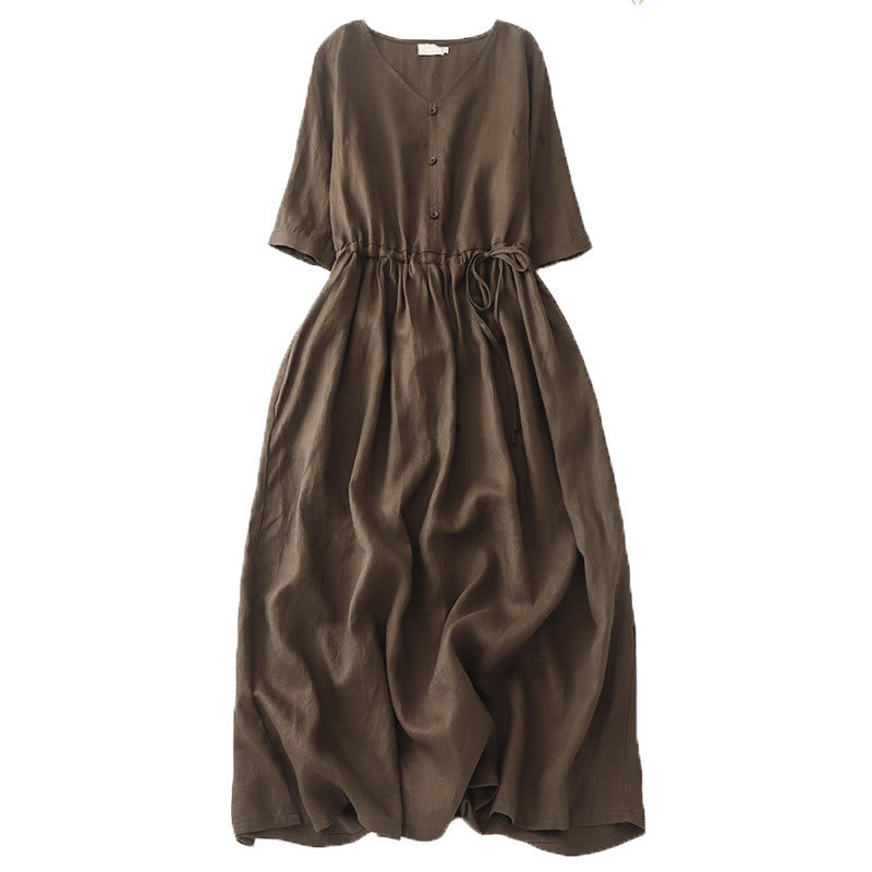 Buddha Stones Vintage Casual Solid Color Pleat Drawstring Design Half Sleeve Cotton Linen Midi Dress With Pockets - SaddleBrown - US8-10，UK/AU12-14，EU40-42 (2XL) - image 1
