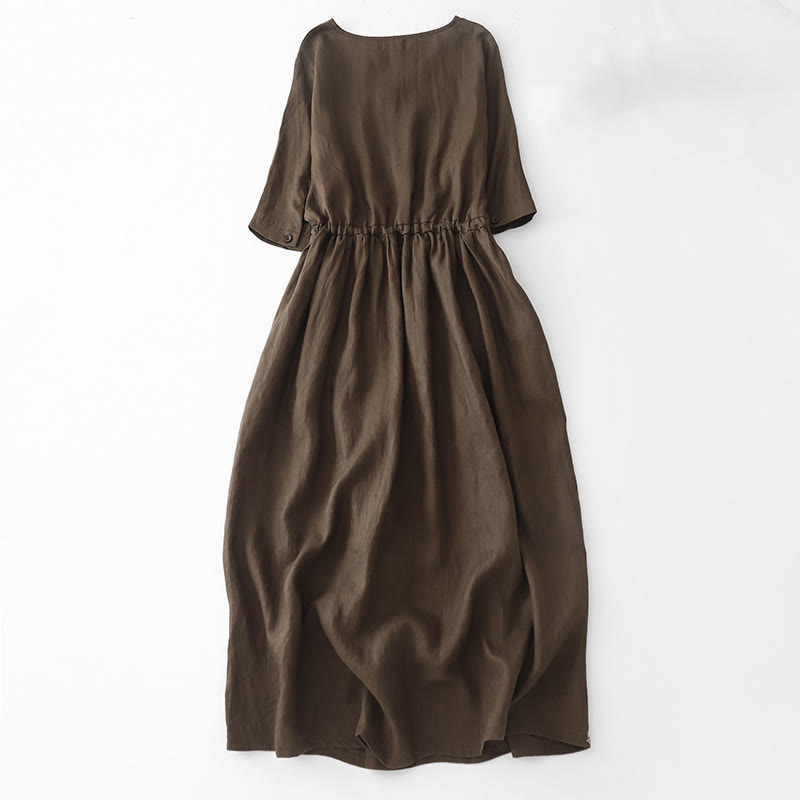 Buddha Stones Vintage Casual Solid Color Pleat Drawstring Design Half Sleeve Cotton Midi Dress With Pockets - image 1