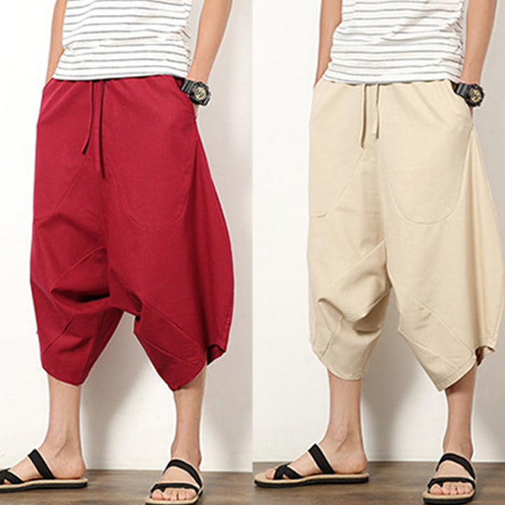 Buddha Stones Spring Plain Simple Patchwork Design Drawstring Cotton Linen Men's 7-8 Length Wide Leg Pants With Pockets - image 26
