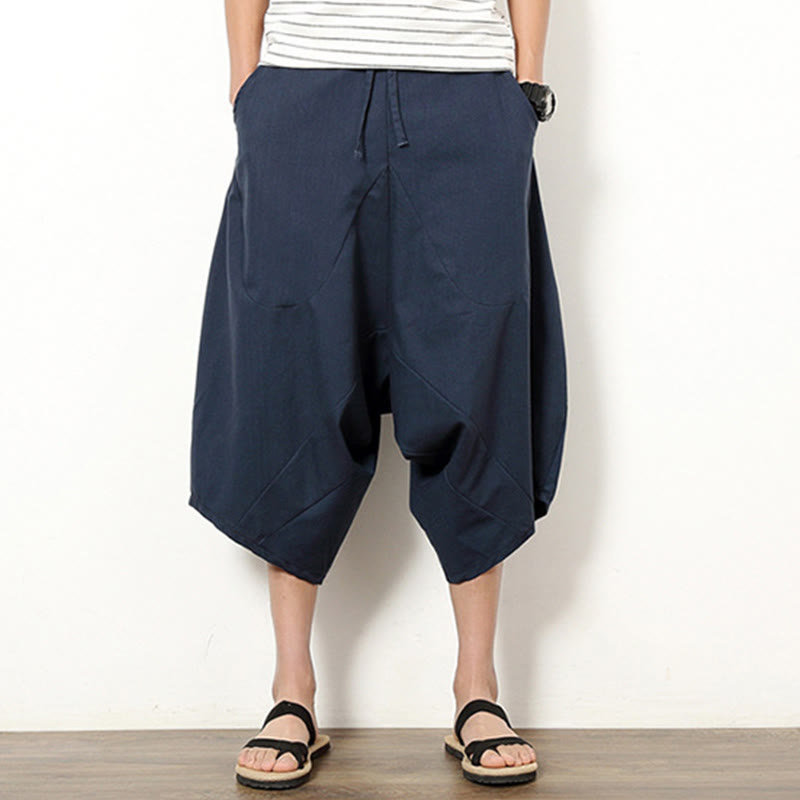 Buddha Stones Spring Plain Simple Patchwork Design Drawstring Cotton Linen Men's 7-8 Length Wide Leg Pants With Pockets - image 1
