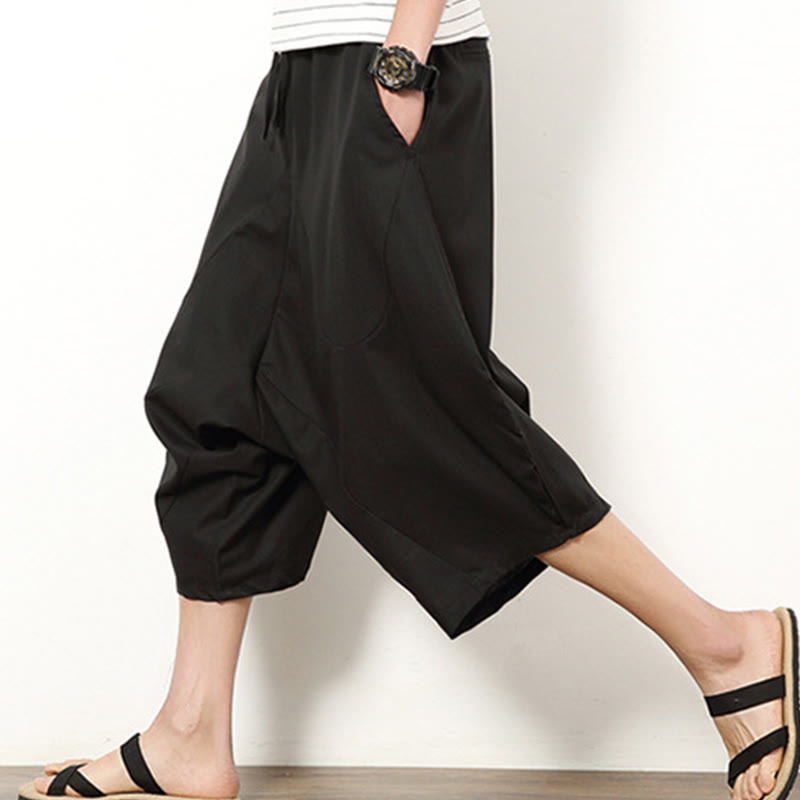 Buddha Stones Spring Plain Simple Patchwork Design Drawstring Cotton Linen Men's 7-8 Length Wide Leg Pants With Pockets - image 20