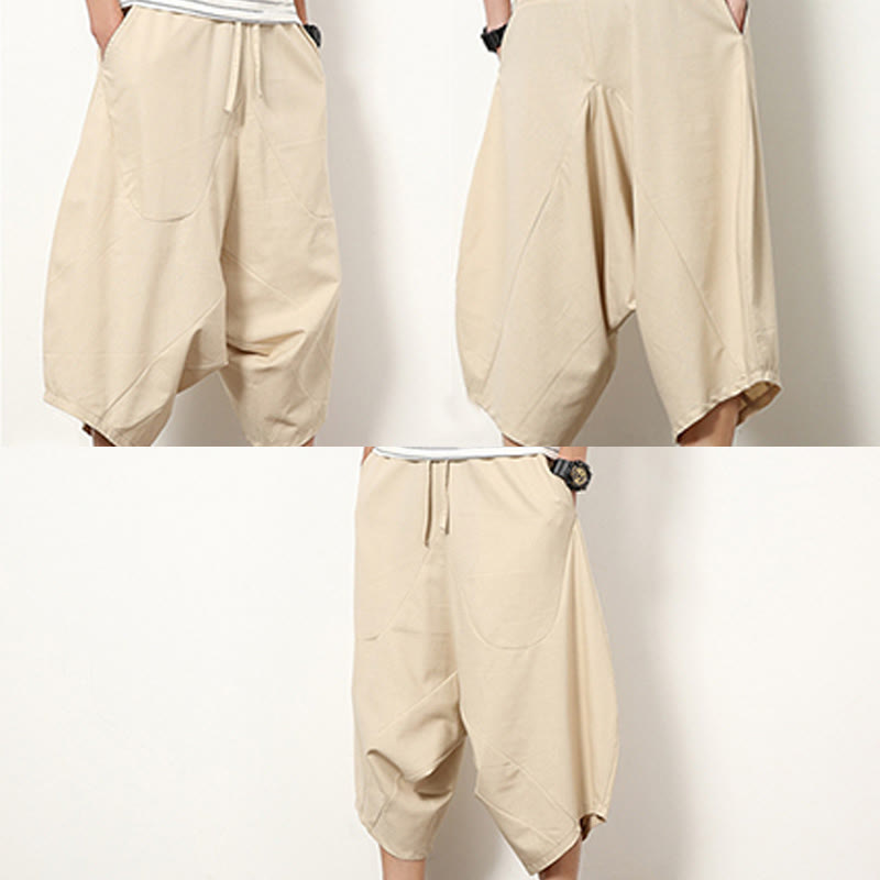 Buddha Stones Spring Plain Simple Patchwork Design Drawstring Cotton Linen Men's 7-8 Length Wide Leg Pants With Pockets - image 10