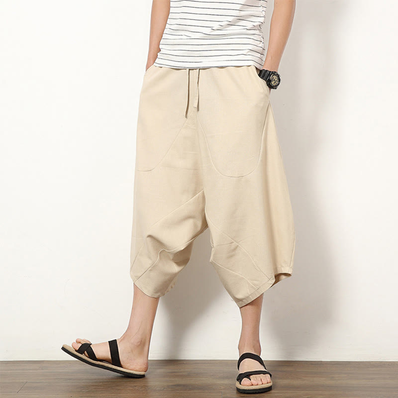 Buddha Stones Spring Plain Simple Patchwork Design Drawstring Cotton Linen Men's 7-8 Length Wide Leg Pants With Pockets - Beige - US/UK/AU46，EU56 (5XL) - image 6
