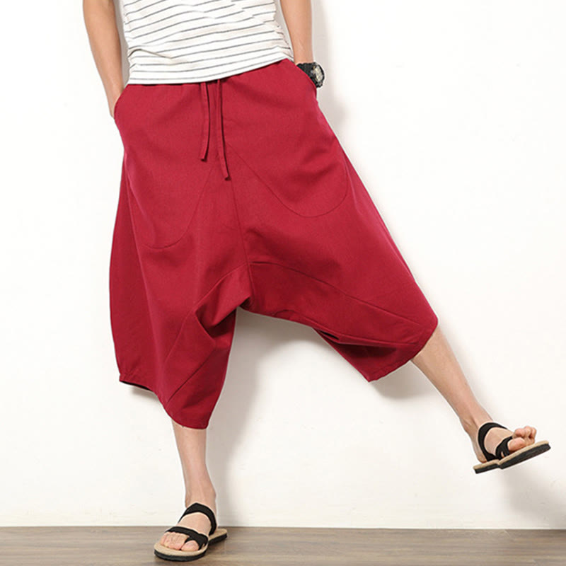 Buddha Stones Spring Plain Simple Patchwork Design Drawstring Cotton Linen Men's 7-8 Length Wide Leg Pants With Pockets - image 12