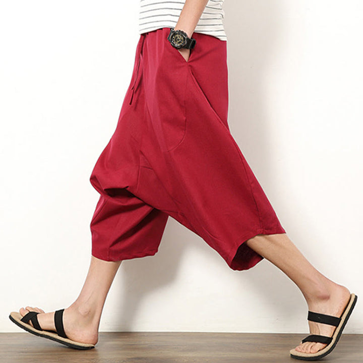 Buddha Stones Spring Plain Simple Patchwork Design Drawstring Cotton Linen Men's 7-8 Length Wide Leg Pants With Pockets - image 14