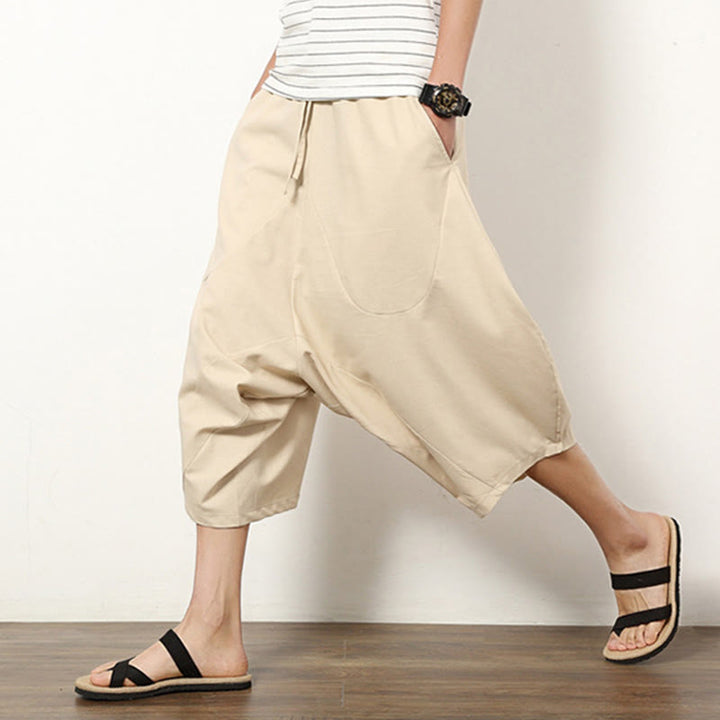 Buddha Stones Spring Plain Simple Patchwork Design Drawstring Cotton Linen Men's 7-8 Length Wide Leg Pants With Pockets - image 9