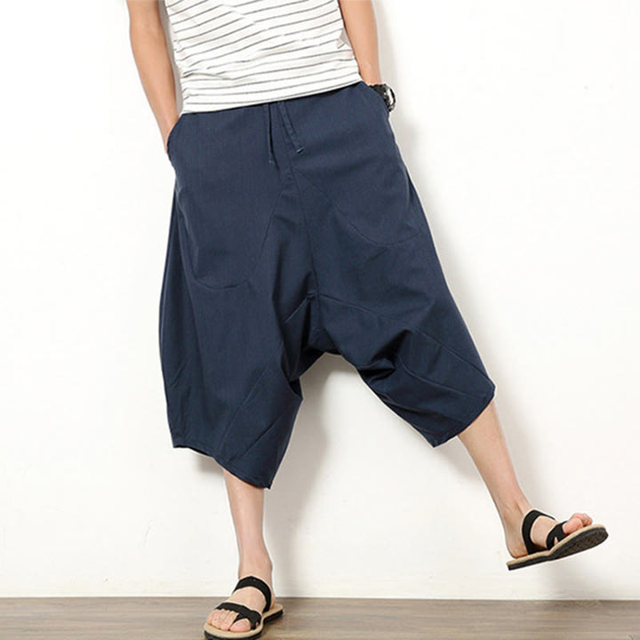 Buddha Stones Spring Plain Simple Patchwork Design Drawstring Cotton Linen Men's 7-8 Length Wide Leg Pants With Pockets - image 4
