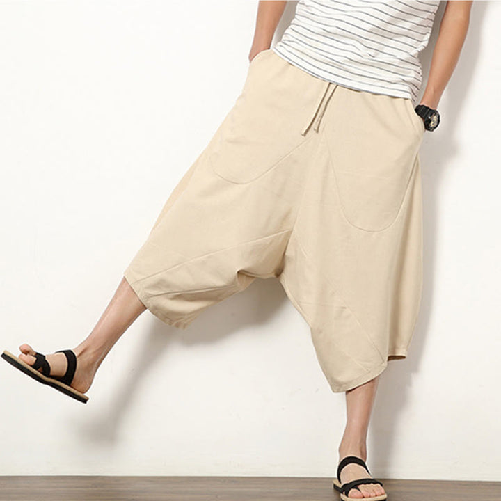 Buddha Stones Spring Plain Simple Patchwork Design Drawstring Cotton Linen Men's 7-8 Length Wide Leg Pants With Pockets - image 8
