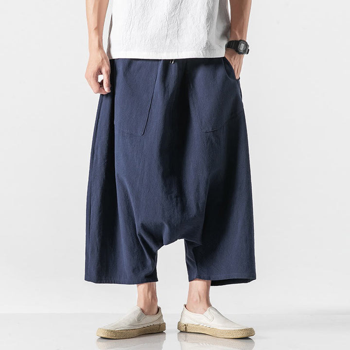 Buddha Stones Casual Low Crotch Design Drawstring Men's 7-8 Length Cotton Linen Wide Leg Pants With Pockets - image 1