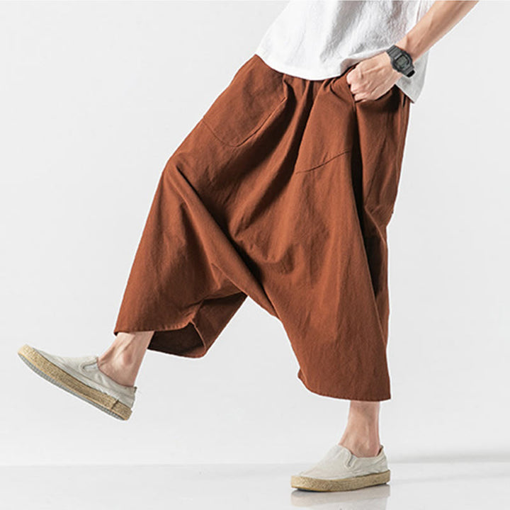 Buddha Stones Casual Low Crotch Design Drawstring Men's 7-8 Length Wide Leg Pants With Pockets - image 15