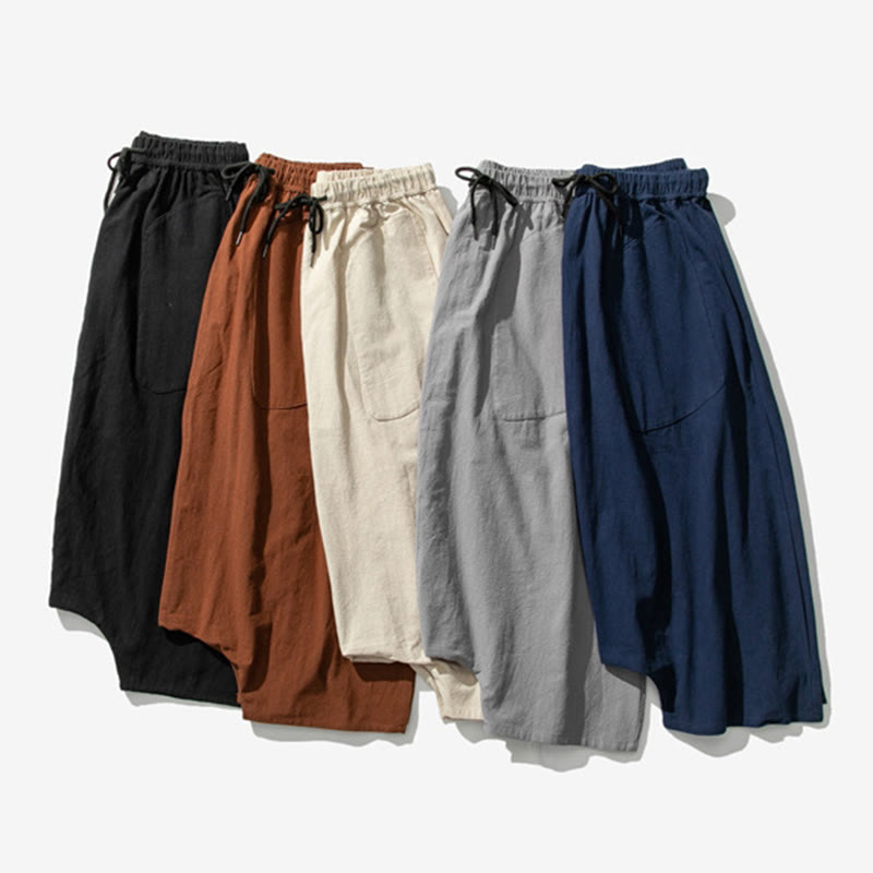 Buddha Stones Casual Low Crotch Design Drawstring Men's 7-8 Length Cotton Linen Wide Leg Pants With Pockets - image 43