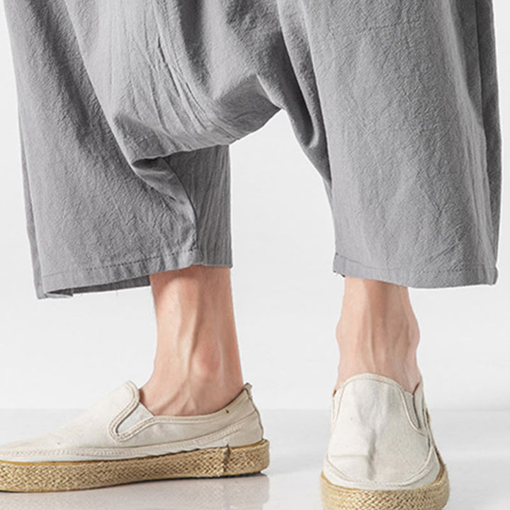 Buddha Stones Casual Low Crotch Design Drawstring Men's 7-8 Length Cotton Linen Wide Leg Pants With Pockets - image 28