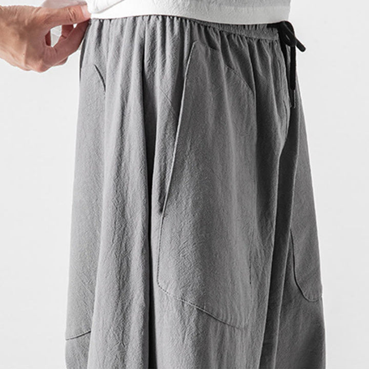 Buddha Stones Casual Low Crotch Design Drawstring Men's 7-8 Length Cotton Linen Wide Leg Pants With Pockets - image 27