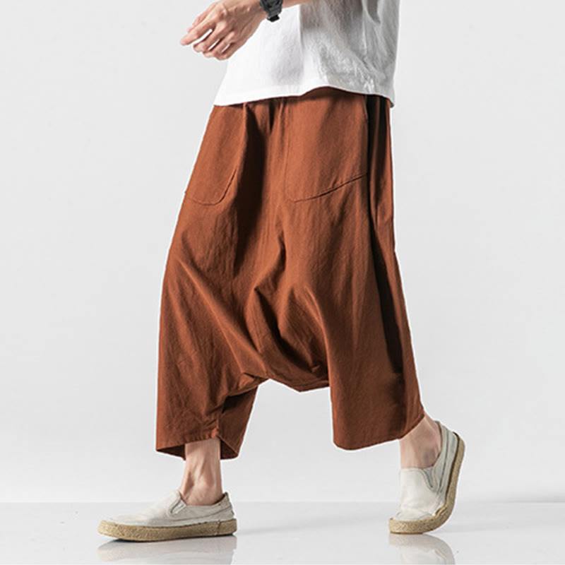 Buddha Stones Casual Low Crotch Design Drawstring Men's 7-8 Length Wide Leg Pants With Pockets - image 11