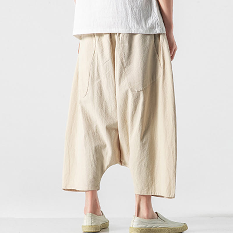 Buddha Stones Casual Low Crotch Design Drawstring Men's 7-8 Length Wide Leg Pants With Pockets - image 39