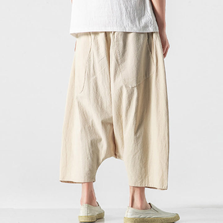 Buddha Stones Casual Low Crotch Design Drawstring Men's 7-8 Length Wide Leg Pants With Pockets - image 39