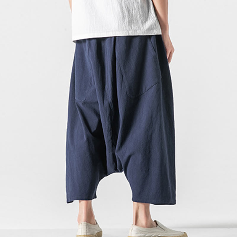 Buddha Stones Casual Low Crotch Design Drawstring Men's 7-8 Length Cotton Linen Wide Leg Pants With Pockets - image 4