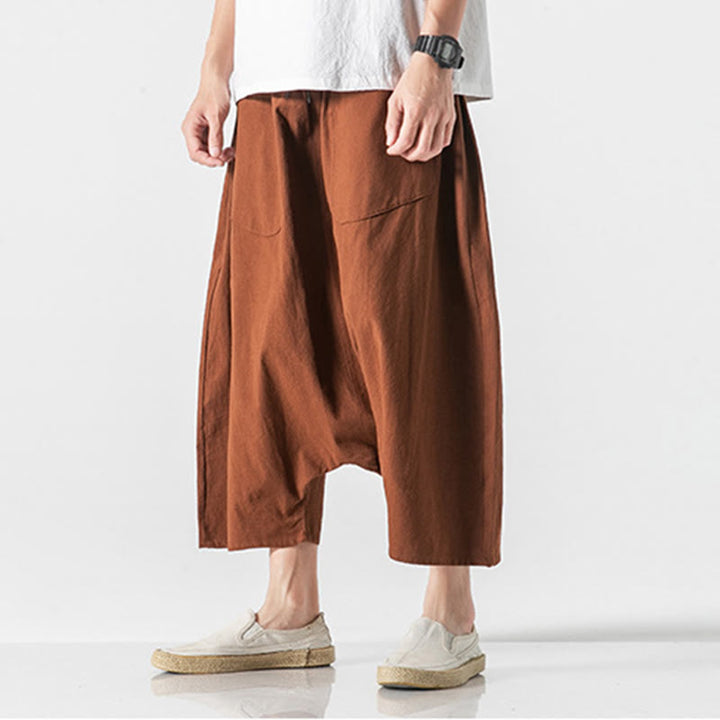 Buddha Stones Casual Low Crotch Design Drawstring Men's 7-8 Length Wide Leg Pants With Pockets - image 13