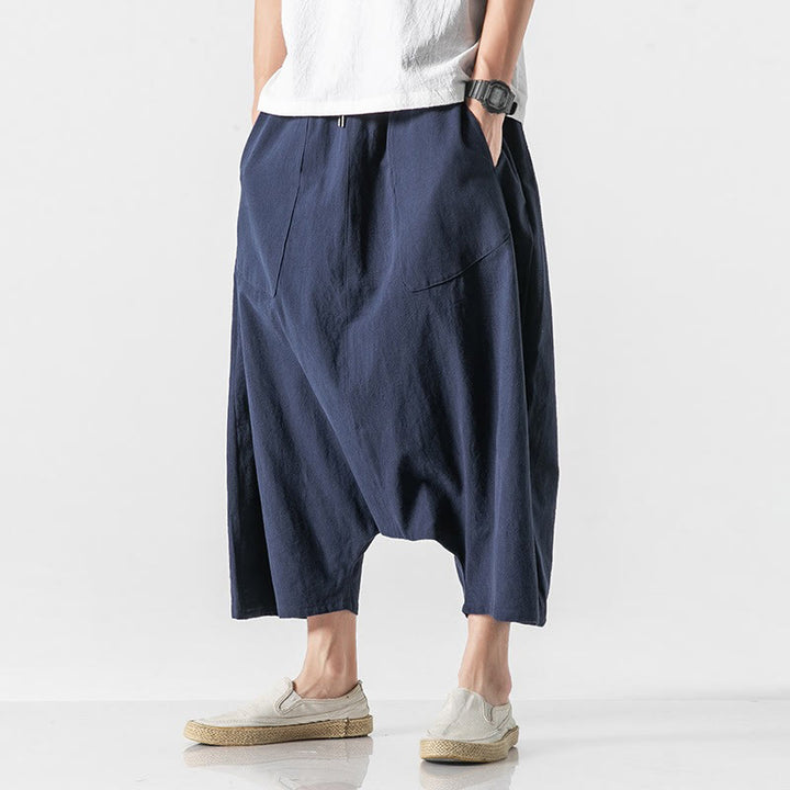 Buddha Stones Casual Low Crotch Design Drawstring Men's 7-8 Length Wide Leg Pants With Pockets - image 5