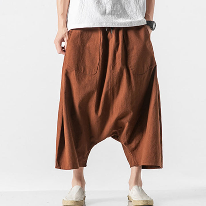 Buddha Stones Casual Low Crotch Design Drawstring Men's 7-8 Length Wide Leg Pants With Pockets - Chocolate - US/UK/AU46，EU56 (5XL) - image 10