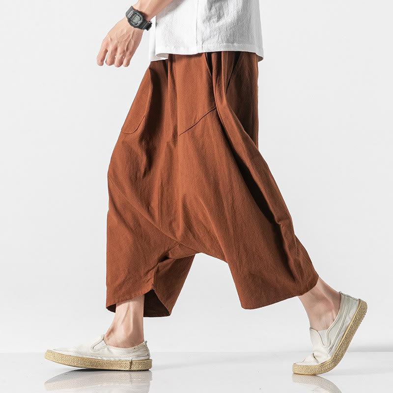 Buddha Stones Casual Low Crotch Design Drawstring Men's 7-8 Length Wide Leg Pants With Pockets - image 14