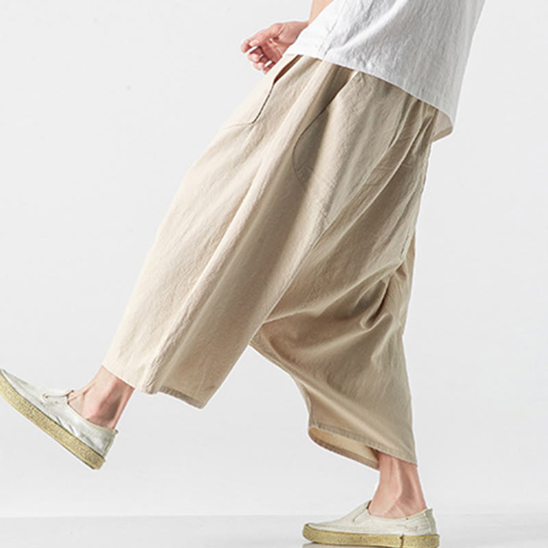 Buddha Stones Casual Low Crotch Design Drawstring Men's 7-8 Length Wide Leg Pants With Pockets - image 41