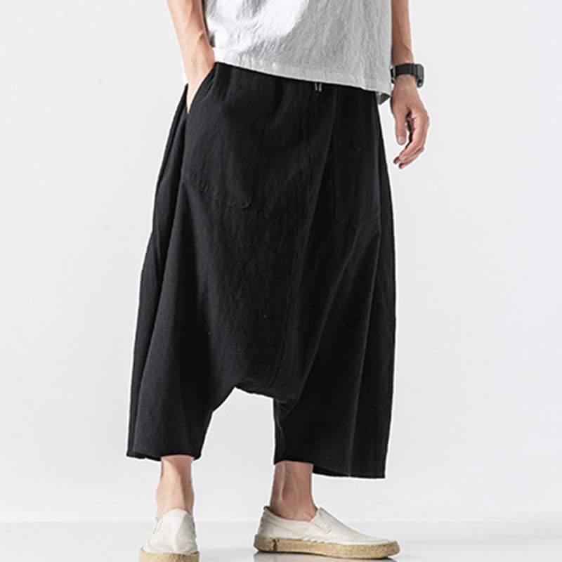 Buddha Stones Casual Low Crotch Design Drawstring Men's 7-8 Length Wide Leg Pants With Pockets - image 34