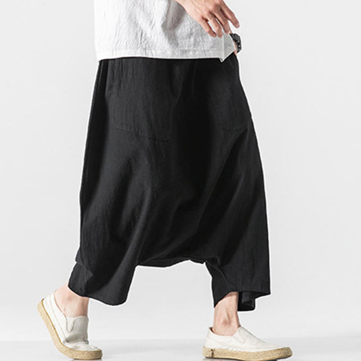 Buddha Stones Casual Low Crotch Design Drawstring Men's 7-8 Length Cotton Linen Wide Leg Pants With Pockets - image 32